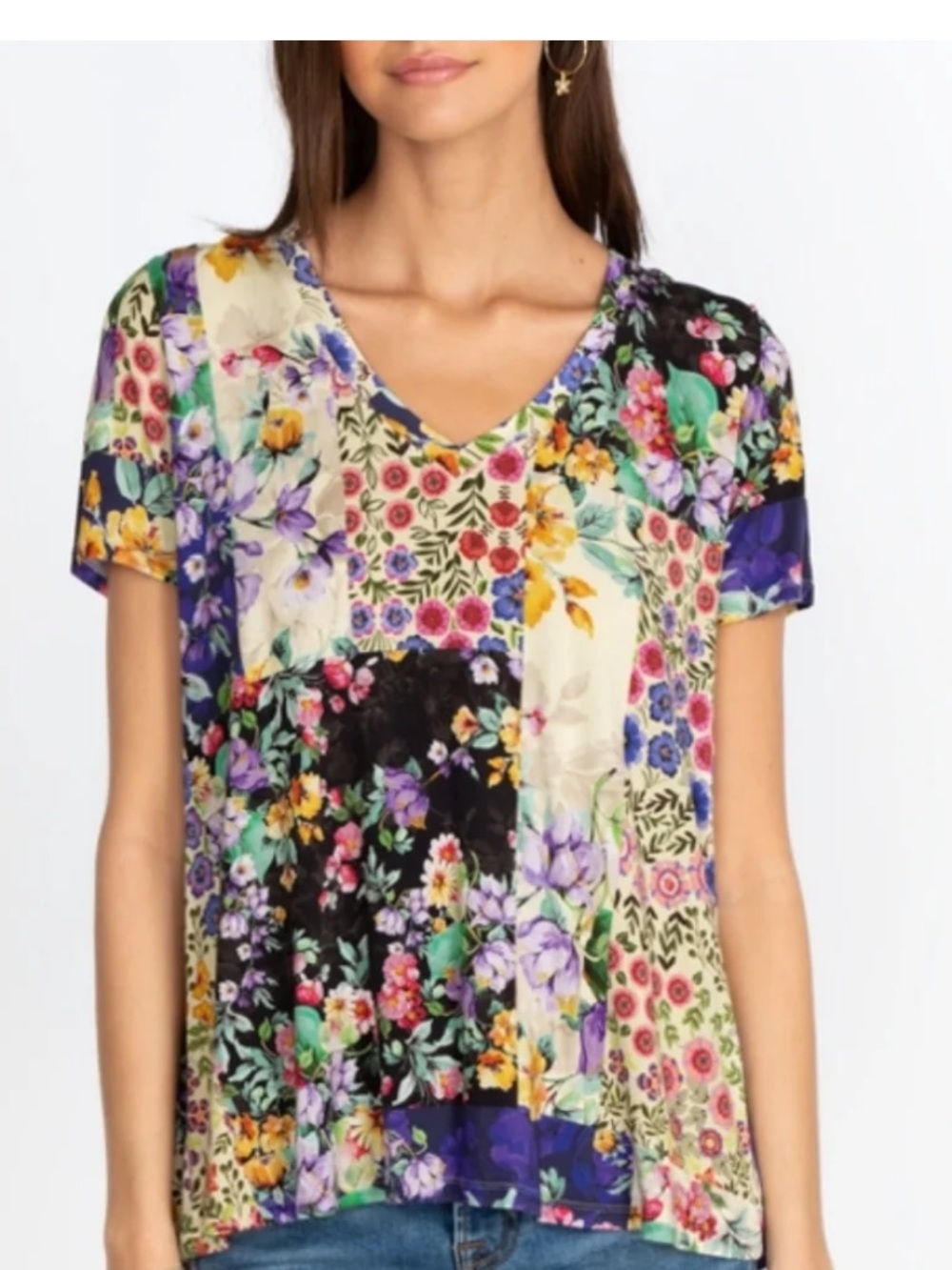 Johnny Was Sky Flower Favorite Short Sleeve V-neck Swing Tee